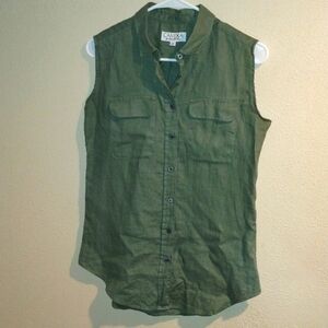 Olive Green 100% linen Sleeveless Button Down Camixa Top XS